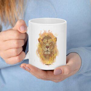 Lion Face Flame Art White Ceramic Mug